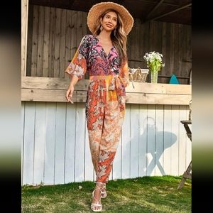 Shein Floral & Paisley Print Batwing Sleeve Knot Side Jumpsuit Multicolor Small